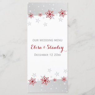 Elegant red, gery snowflakes wedding Menu card