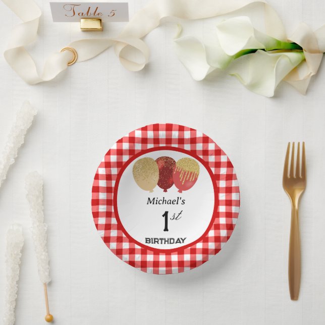 Elegant Red Gingham & Balloons 1st Birthday Paper Bowls (Wedding)
