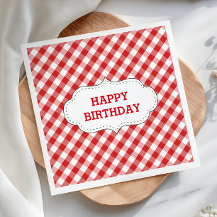 Elegant Red Gingham Pattern Personalized Birthday Paper Napkins