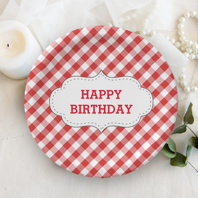 Elegant Red Gingham Pattern Personalized Birthday Paper Plates (Creator Uploaded)