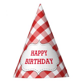 Elegant Red Gingham Pattern Personalized Birthday Party Hat