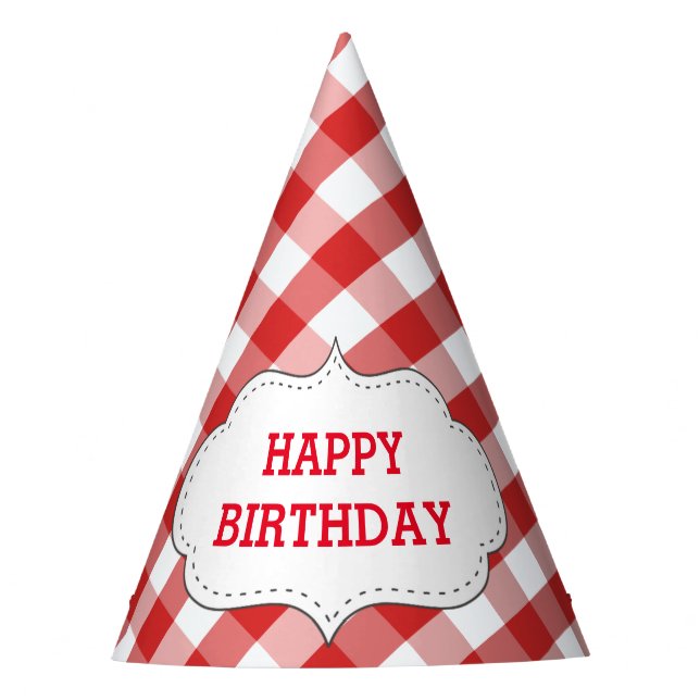 Elegant Red Gingham Pattern Personalized Birthday Party Hat (Front)