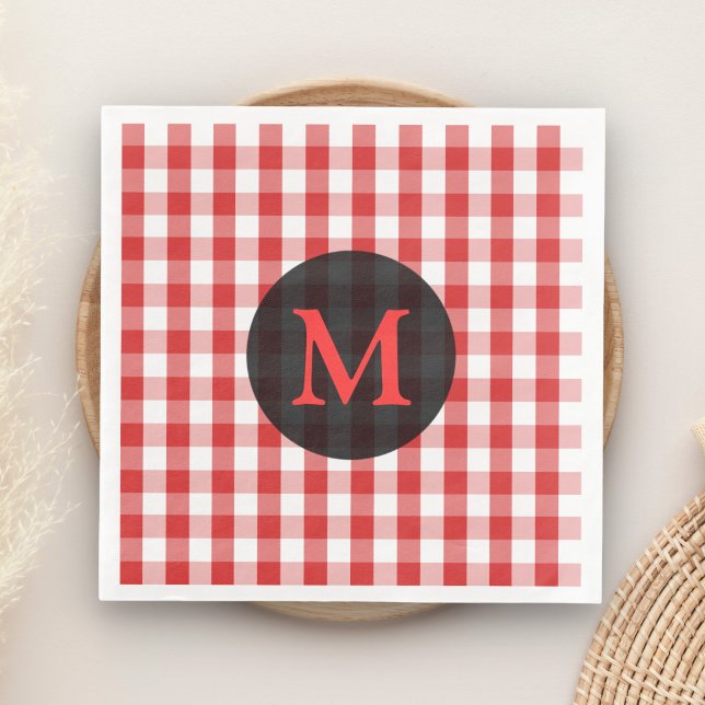 Elegant Red Gingham Pattern Personalized Monogram Paper Dinner Napkins (Creator Uploaded)