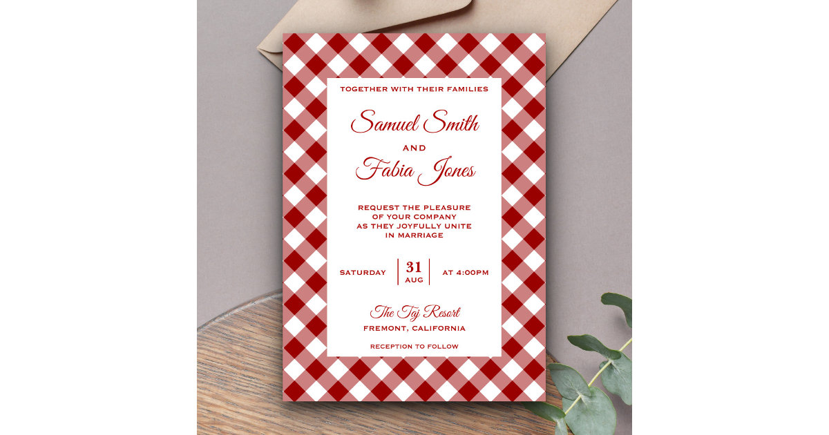 Elegant Red Gingham Pattern Wedding Invitation | Zazzle
