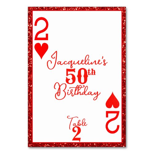 Elegant Red Glitter 2 of Hearts Birthday Party  Table Number