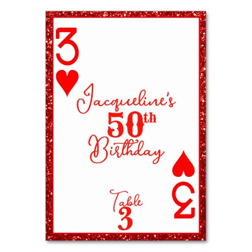 Elegant Red Glitter 3 of Hearts Birthday Party  Table Number