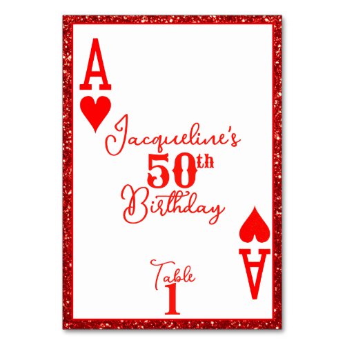 Elegant Red Glitter Ace of Hearts Birthday Party  Table Number