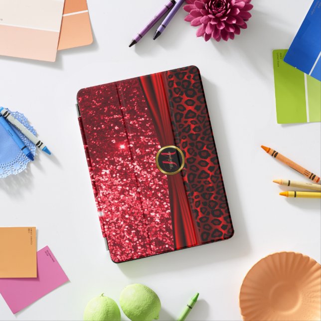 Elegant Red Glitter and Leopard Skin iPad Pro Cover (Desk)