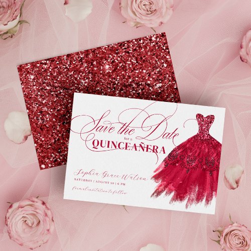 Elegant Red Glitter Chic Dress Quinceanera Save The Date