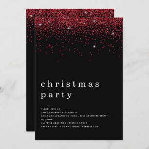 Elegant Red Glitter Christmas Party Black Invitation
