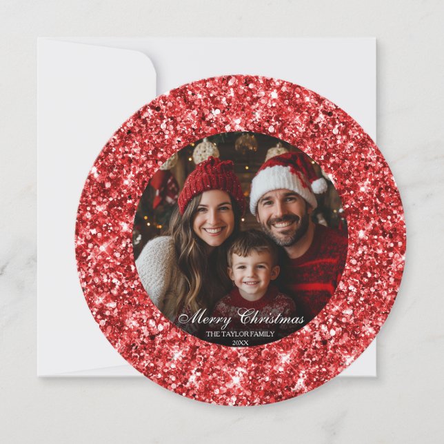 Elegant Red Glitter Christmas Tree Family Photo (Front)
