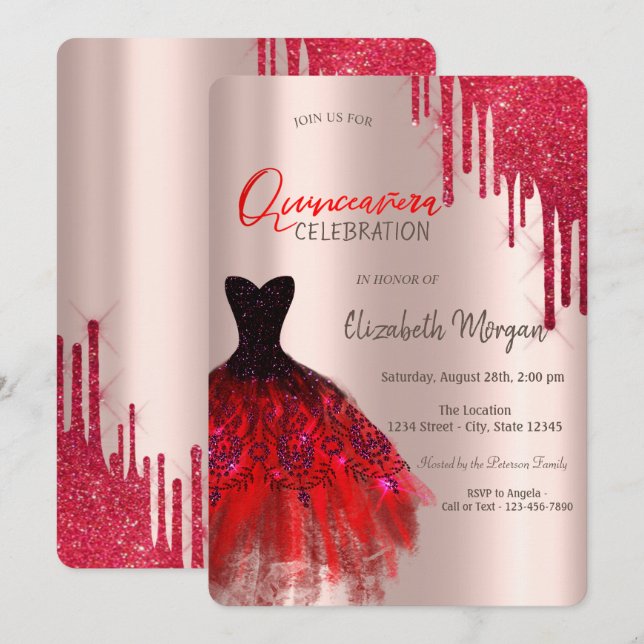 Elegant Red Glitter Drips Dress Quinceañera  Invitation (Front/Back)
