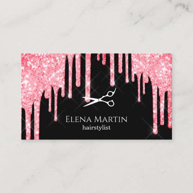 Elegant red glitter drips scissors hairstylist business card (Front)