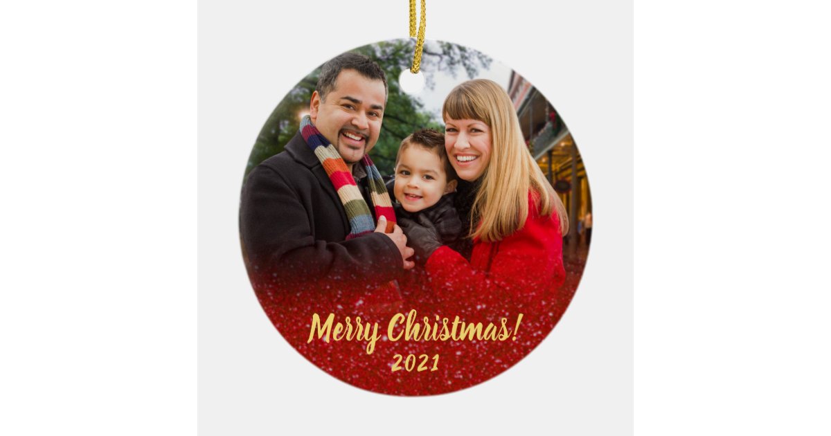 Elegant Red Glitter Family 2 Photo Christmas Ceramic Ornament | Zazzle