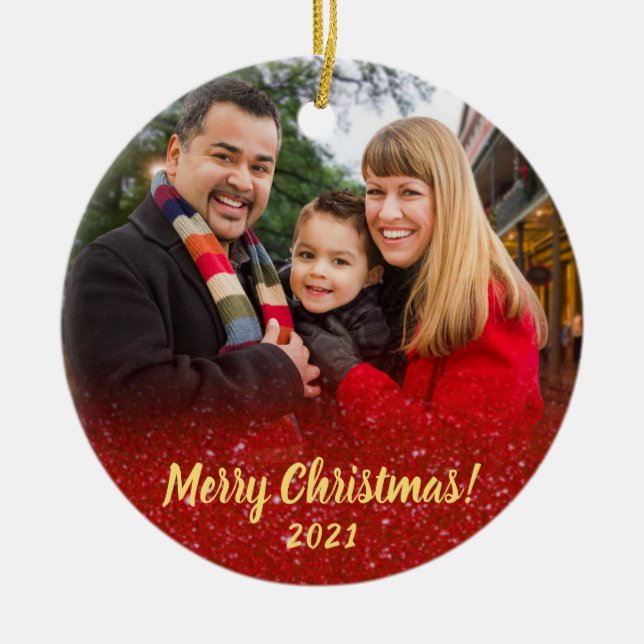 Elegant Red Glitter Family 2 Photo Christmas Ceramic Ornament (Front)
