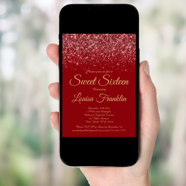 Elegant Red Glitter & Gold Sweet 16 Invitations (Front Digital)