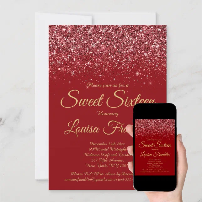 Elegant Red Glitter And Gold Sweet 16 Invitations Zazzle