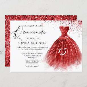Elegant Red Glitter Gown Quinceanera Party Invitation