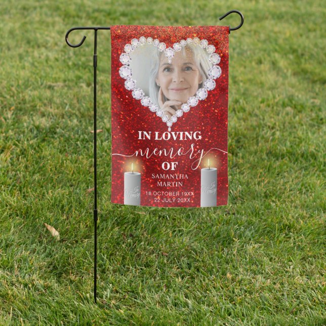 Elegant Red Glitter Heart Memorial Grave Site Garden Flag (In SItu)