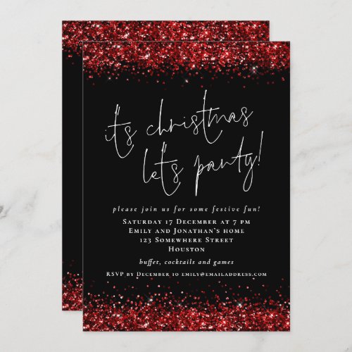 Elegant Red Glitter Its Christmas Lets Party Black Invitation