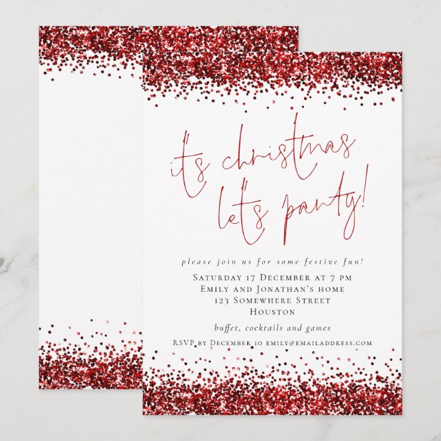 Elegant Red Glitter Its Christmas Lets Party Invitation (Front/Back)