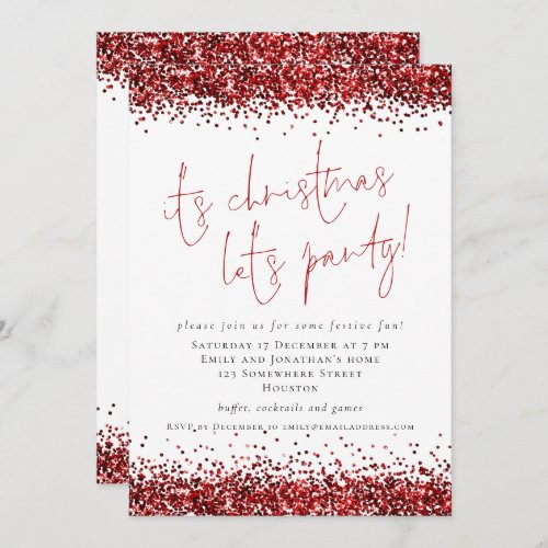 Elegant Red Glitter Its Christmas Lets Party Invitation