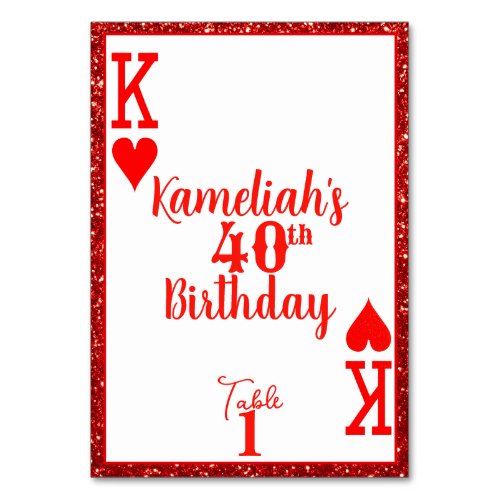 Elegant Red Glitter K of Hearts Birthday Party  Table Number