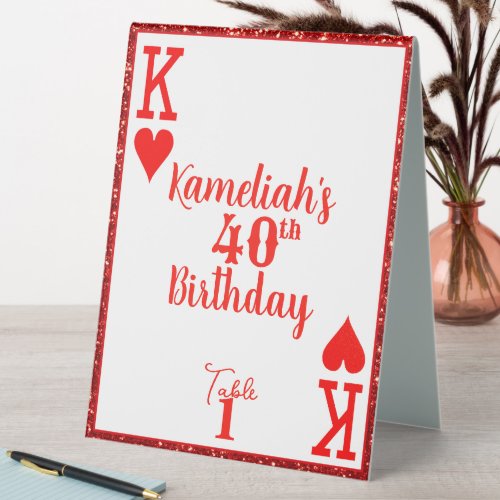 Elegant Red Glitter K of Hearts Birthday Party  Table Tent Sign
