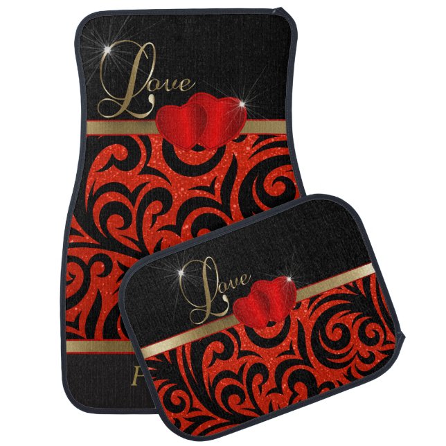 Elegant Red Glitter Love Car Mat (Set)
