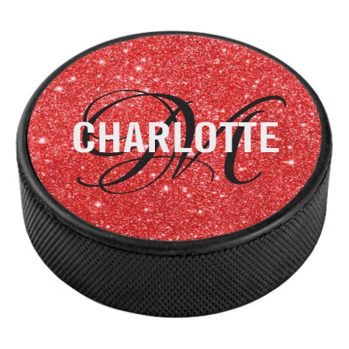 Elegant red glitter monogram name hockey puck