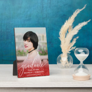 Elegant Red Glitter Ombre Girly Photo Graduation Plaque