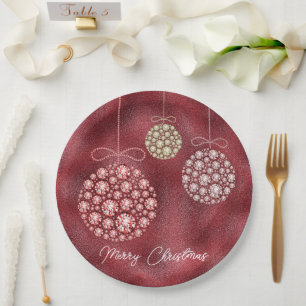 Elegant Red Glitter Ornaments Merry Christmas Paper Plates