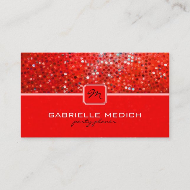 Elegant Red Glitter Party Planner Business Card (Front)