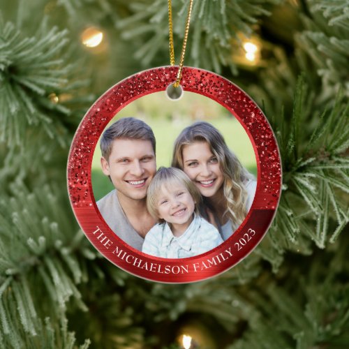 Elegant Red Glitter Photo Metallic Christmas Ceramic Ornament