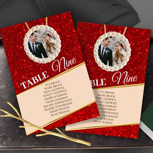 Elegant Red Glitter Photo Seating Chart Card