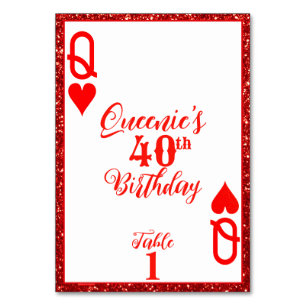 Elegant Red Glitter Queen of Hearts Birthday Party Table Number