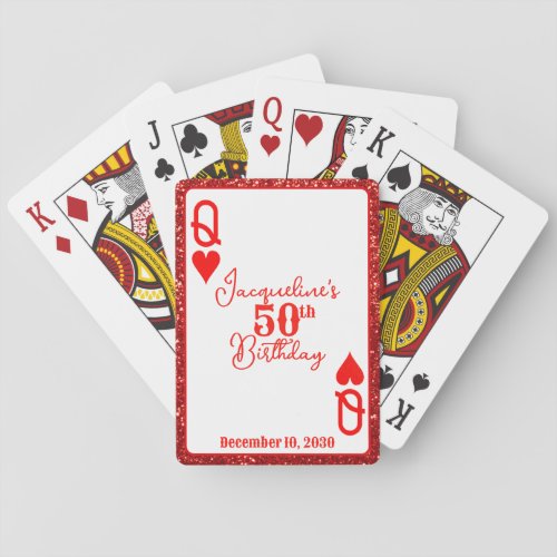Elegant Red Glitter Queen of Hearts Birthday  Playing Cards