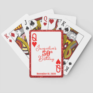 Elegant Red Glitter Queen of Hearts Birthday Poker Cards