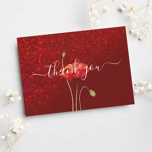 Elegant Red Glitter Script Funeral Thank You Card