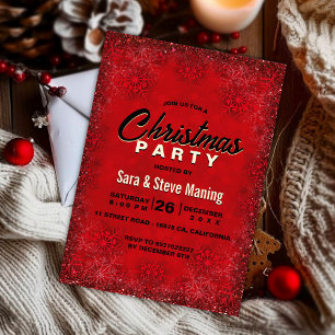 Elegant red glitter snowflakes Christmas party Invitation