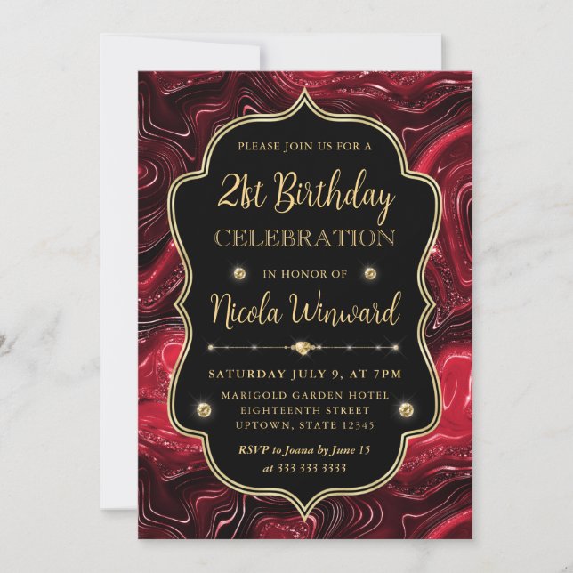 Elegant Red Glitter Strata Vintage Frame Birthday Invitation (Front)