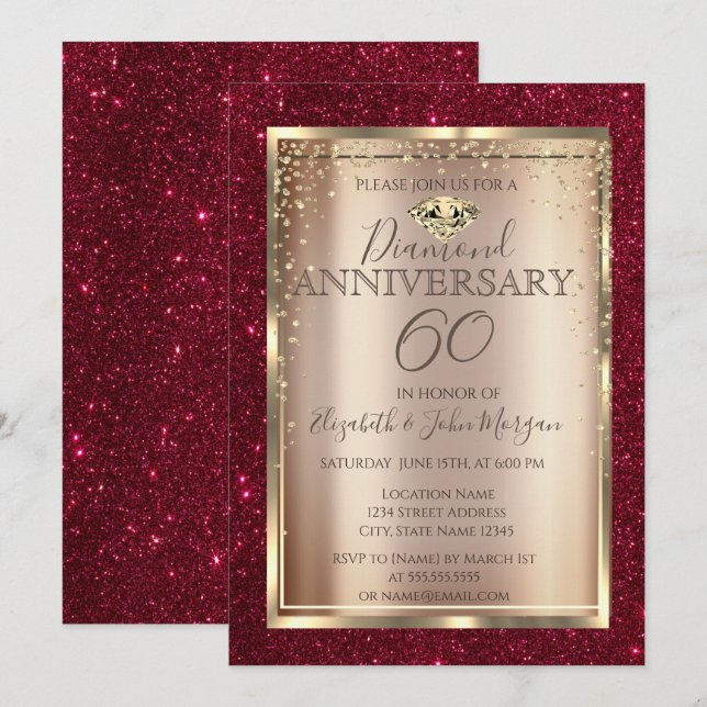 Elegant Red Glitter Wedding Anniversary  Invitation (Front/Back)