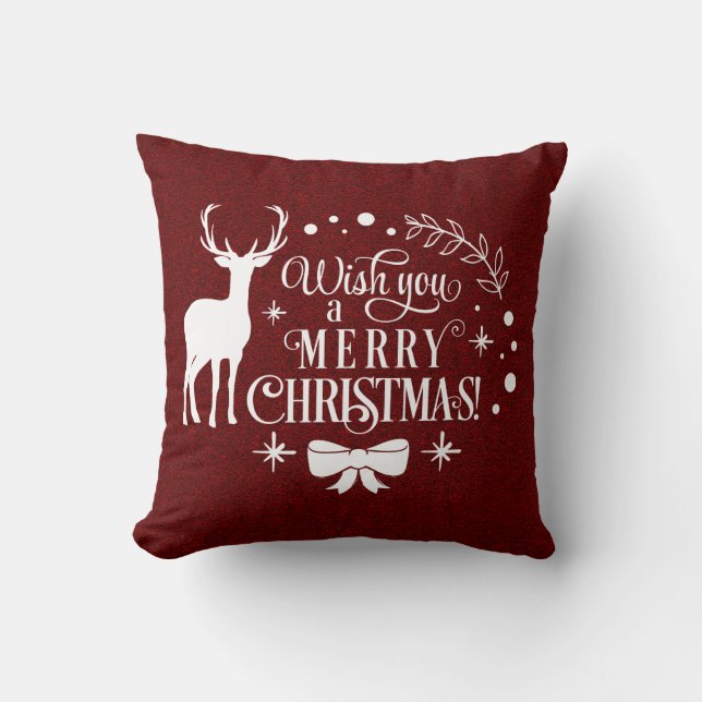 Elegant Red Glitter Wish you Merry Christmas scrip Throw Pillow (Front)