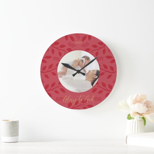 Elegant Red Glory to God Botanical Christmas Photo Large Clock