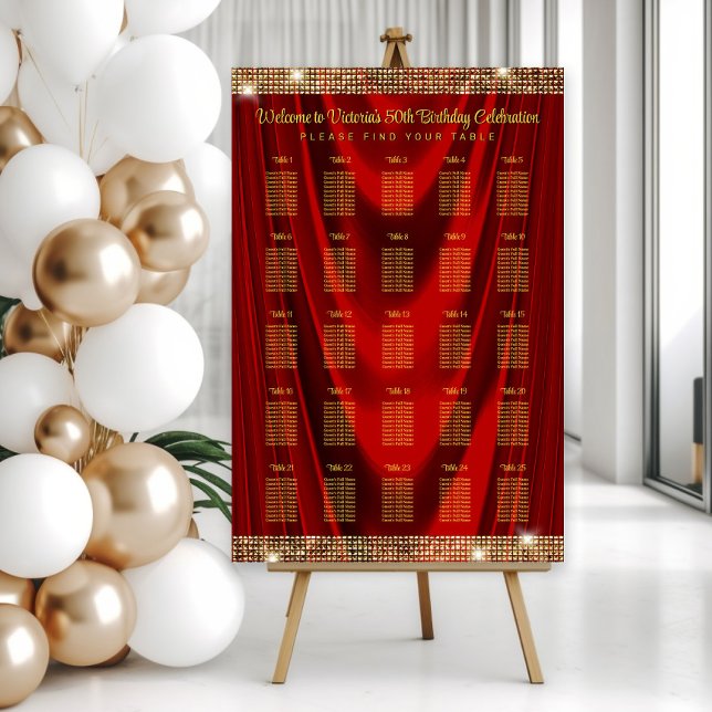 Elegant Red Gold 25 Table Seating Chart Foam Board (25 table 250 guest elegant seating chart.)