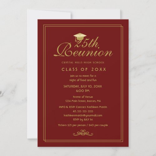 Elegant Red Gold 25th Class Reunion Invitation