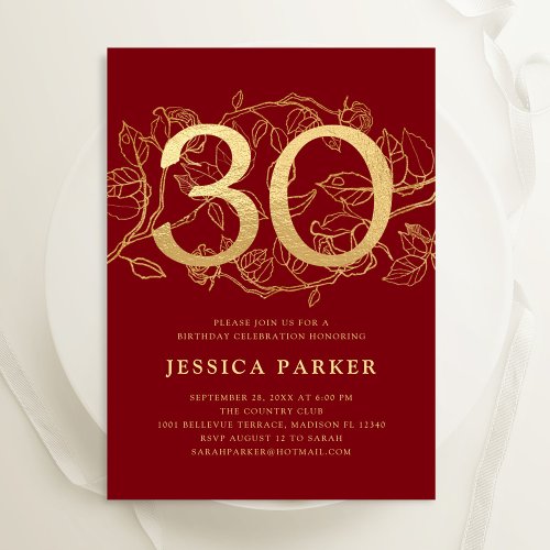 Elegant Red Gold 30th Birthday Invitation