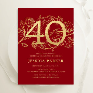 Elegant Red Gold 40th Birthday Invitation