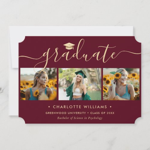 Elegant Red Gold 4 Photo Graduation Announcement