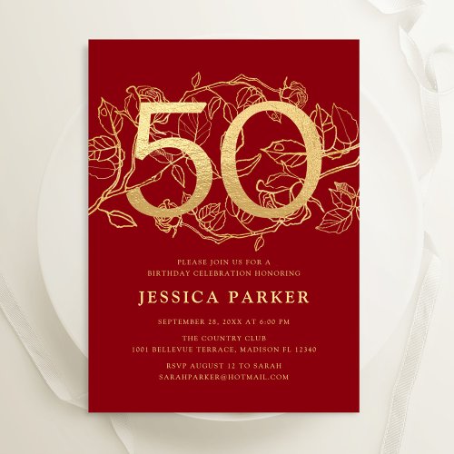 Elegant Red Gold 50th Birthday Invitation